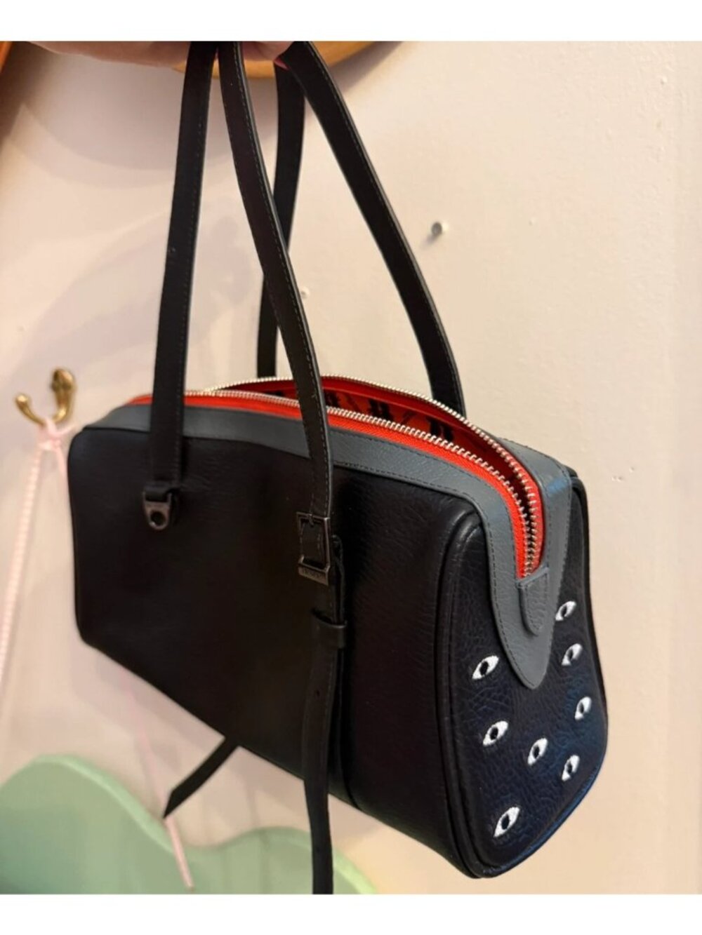 Esther Black Satchel Mini Bag - All Over Eyes Embroidery $278